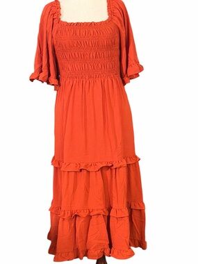 She + Sky Orange Smocked Bodice Maxi Dress with Flutter Detail